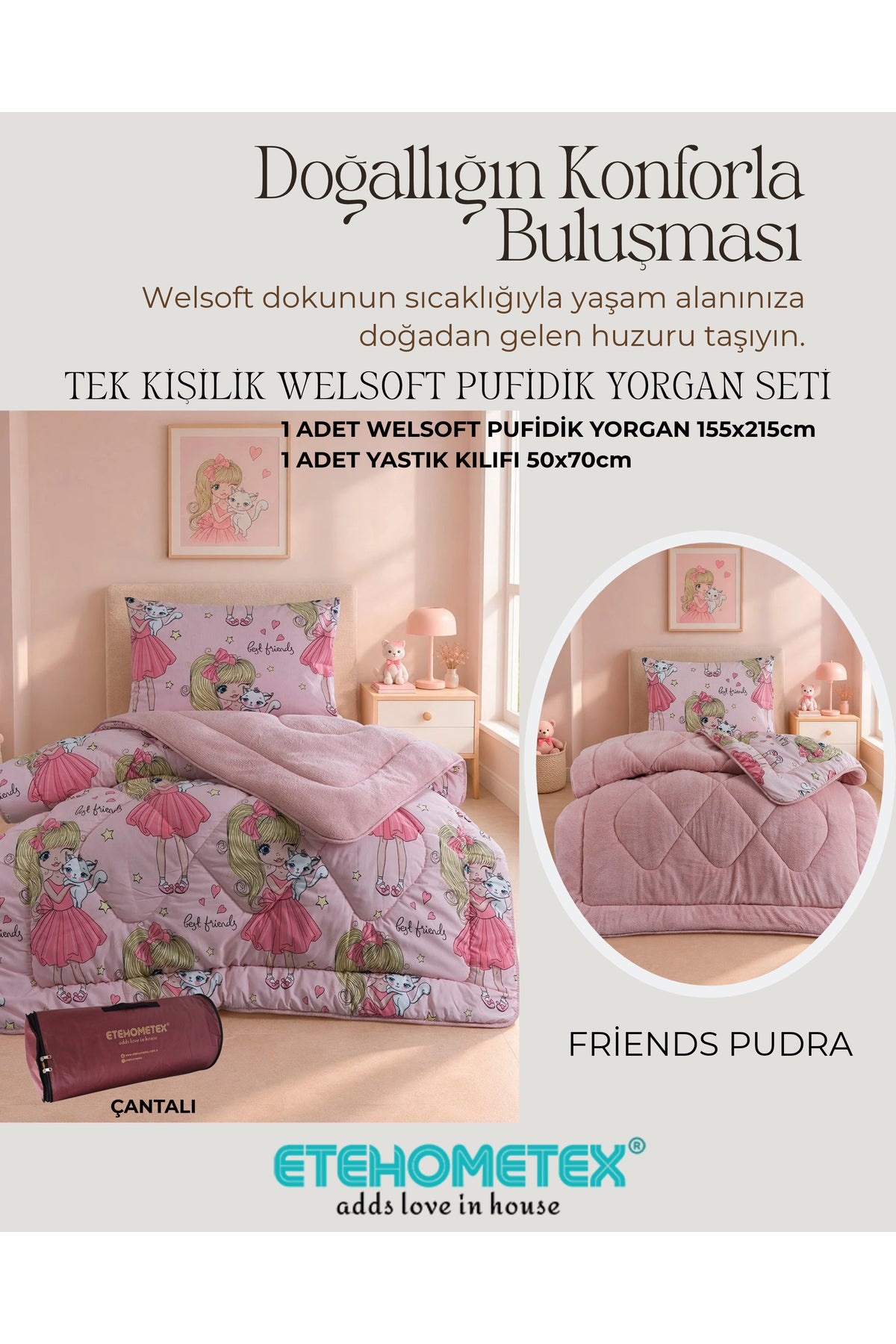 ETEHOMETEX TEK KİŞİLİK LÜX WELSOFT YORGAN SETİ FRİENDS PUDRA 8696474232174