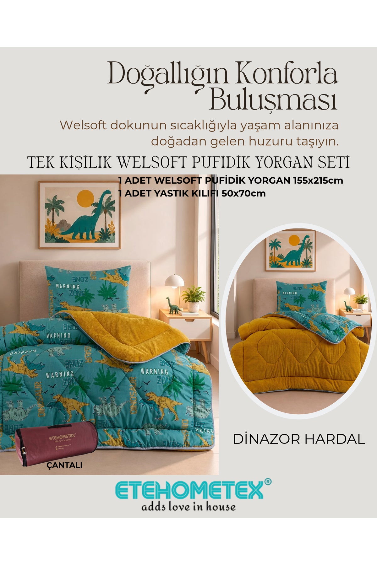 ETEHOMETEX TEK KİŞİLİK LÜX WELSOFT YORGAN SETİ DİNAZOR HARDAL 8696474232175