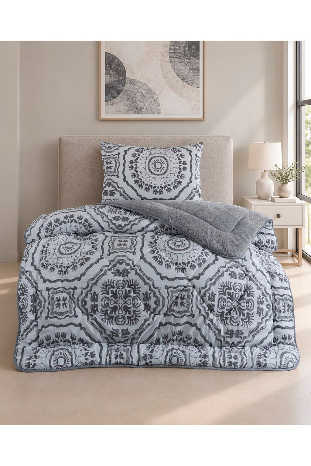 ETEHOMETEX TEK KİŞİLİK LÜX WELSOFT YORGAN SETİ DAMASK Gri 8696474232194
