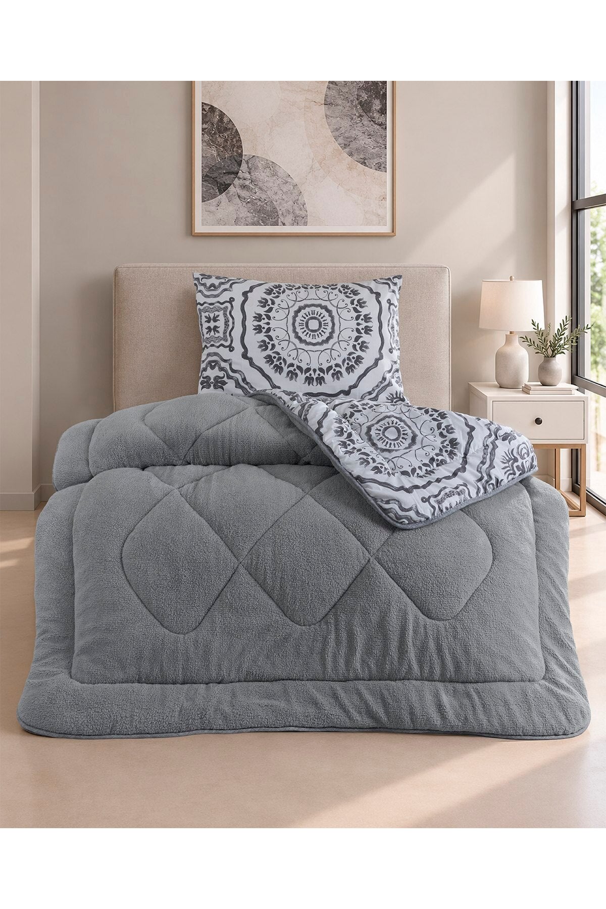 ETEHOMETEX TEK KİŞİLİK LÜX WELSOFT YORGAN SETİ DAMASK Gri 8696474232194