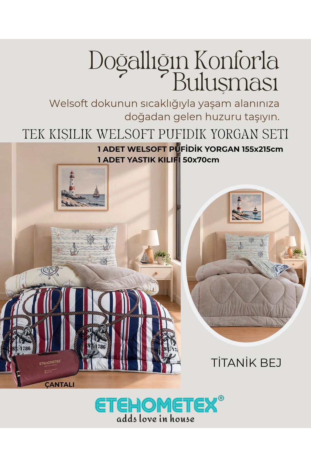 ETEHOMETEX TEK KİŞİLİK LÜX WELSOFT YORGAN SETİ TİTANİK BEJ 8696474232177