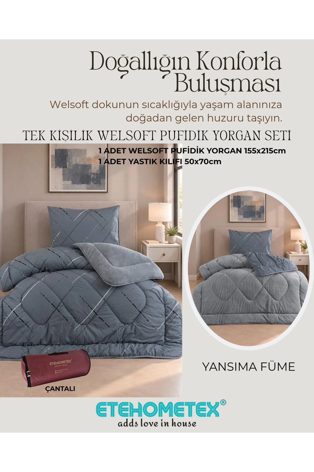 ETEHOMETEX TEK KİŞİLİK LÜX WELSOFT YORGAN SETİ YANSIMA FÜME 8696474232190