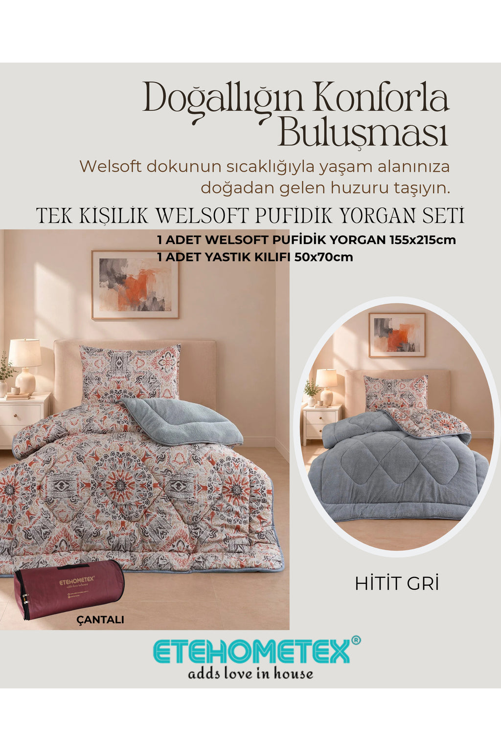 ETEHOMETEX TEK KİŞİLİK LÜX WELSOFT YORGAN SETİ HİTİT GRİ 8696474232193