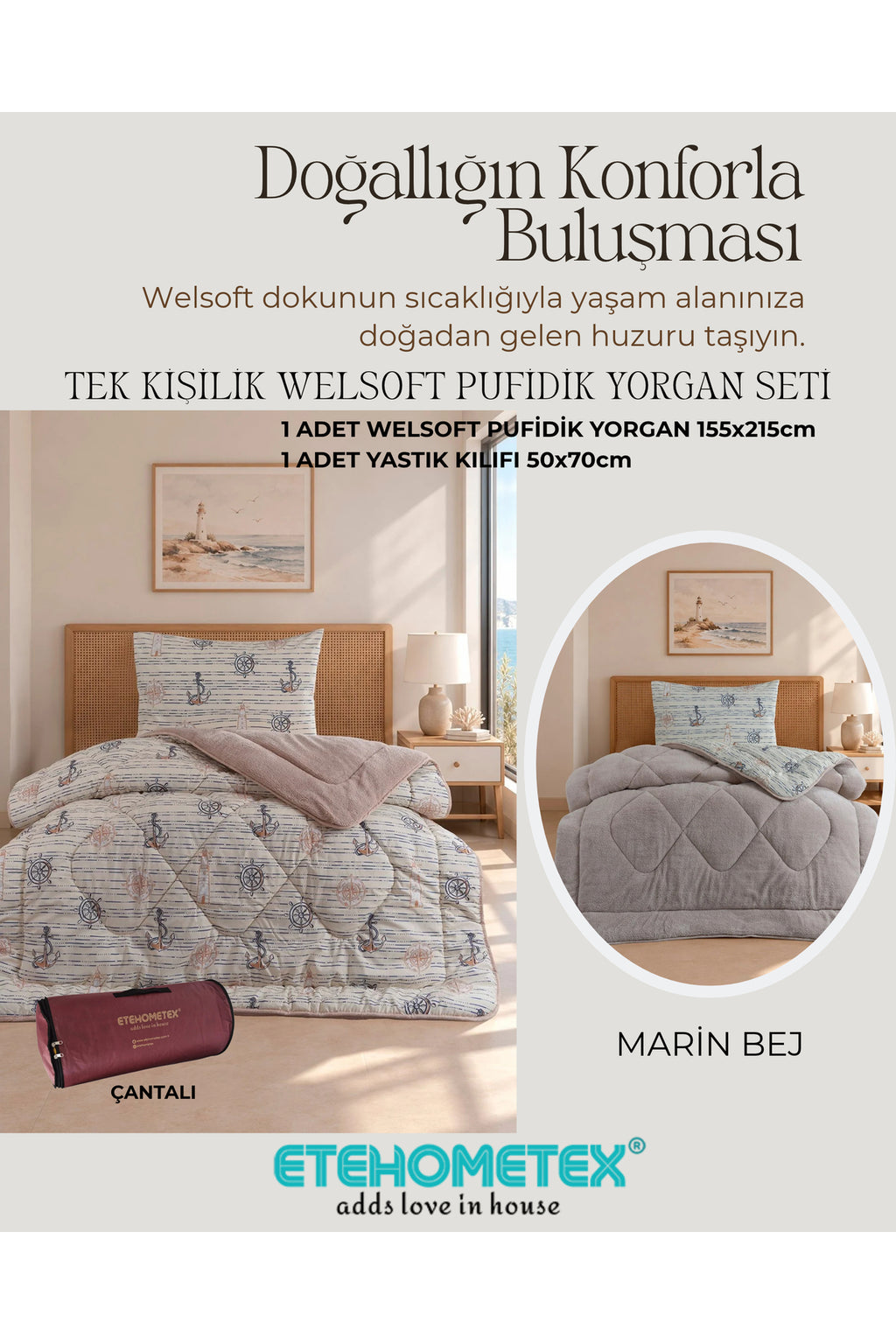 ETEHOMETEX TEK KİŞİLİK LÜX WELSOFT YORGAN SETİ MARİN BEJ 8696474232173