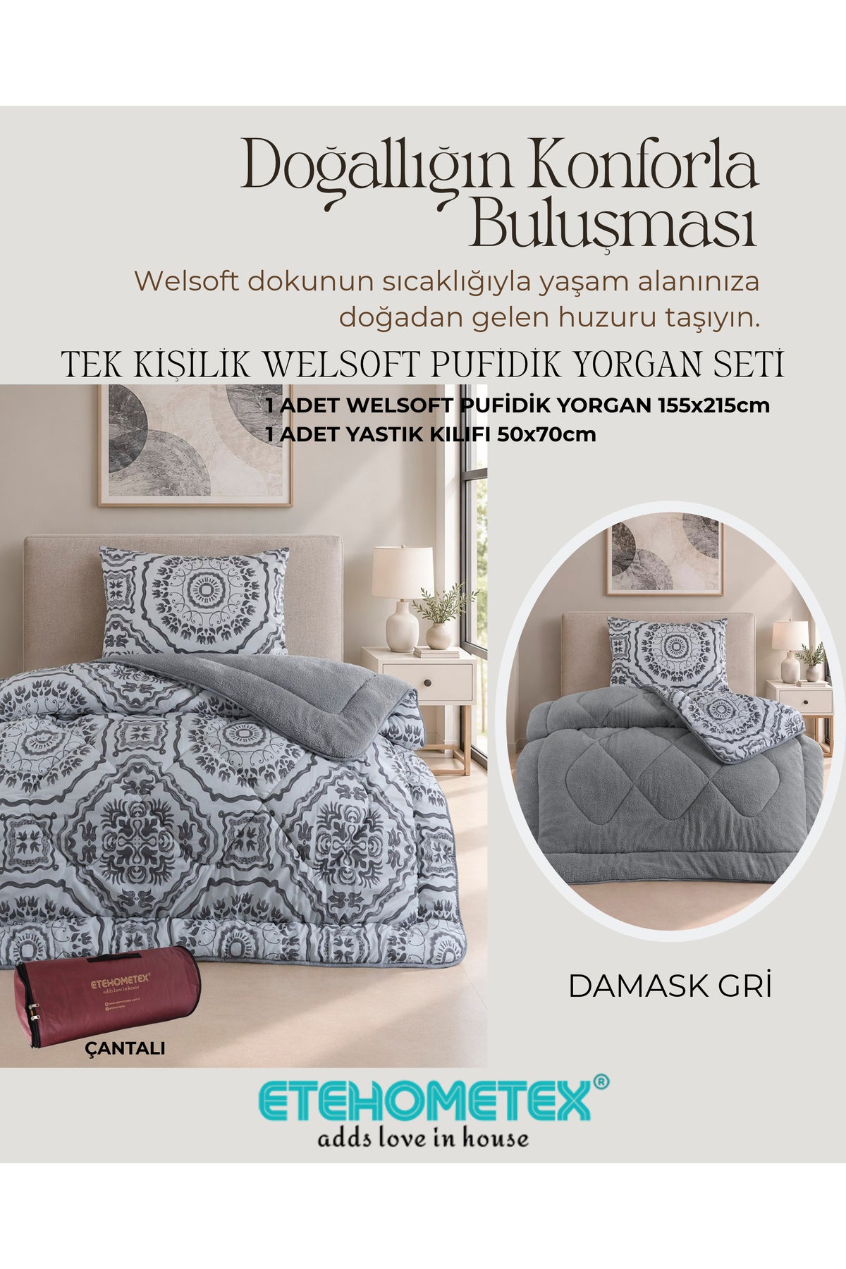ETEHOMETEX TEK KİŞİLİK LÜX WELSOFT YORGAN SETİ DAMASK Gri 8696474232194