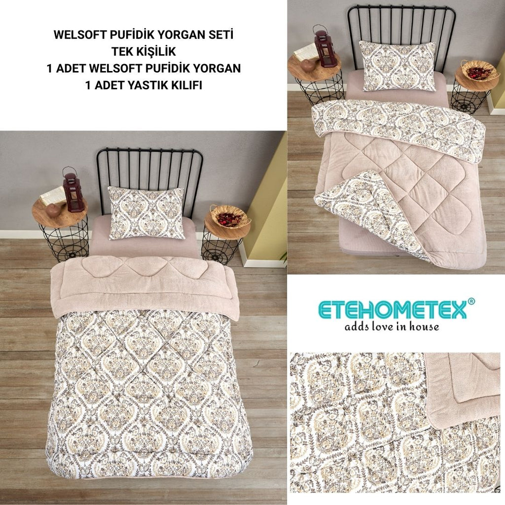 ETE HOMETEX TEK KİŞİLİK LÜX WELSOFT YORGAN SETİ AKSU BEJ 155X215CM 8696474231931