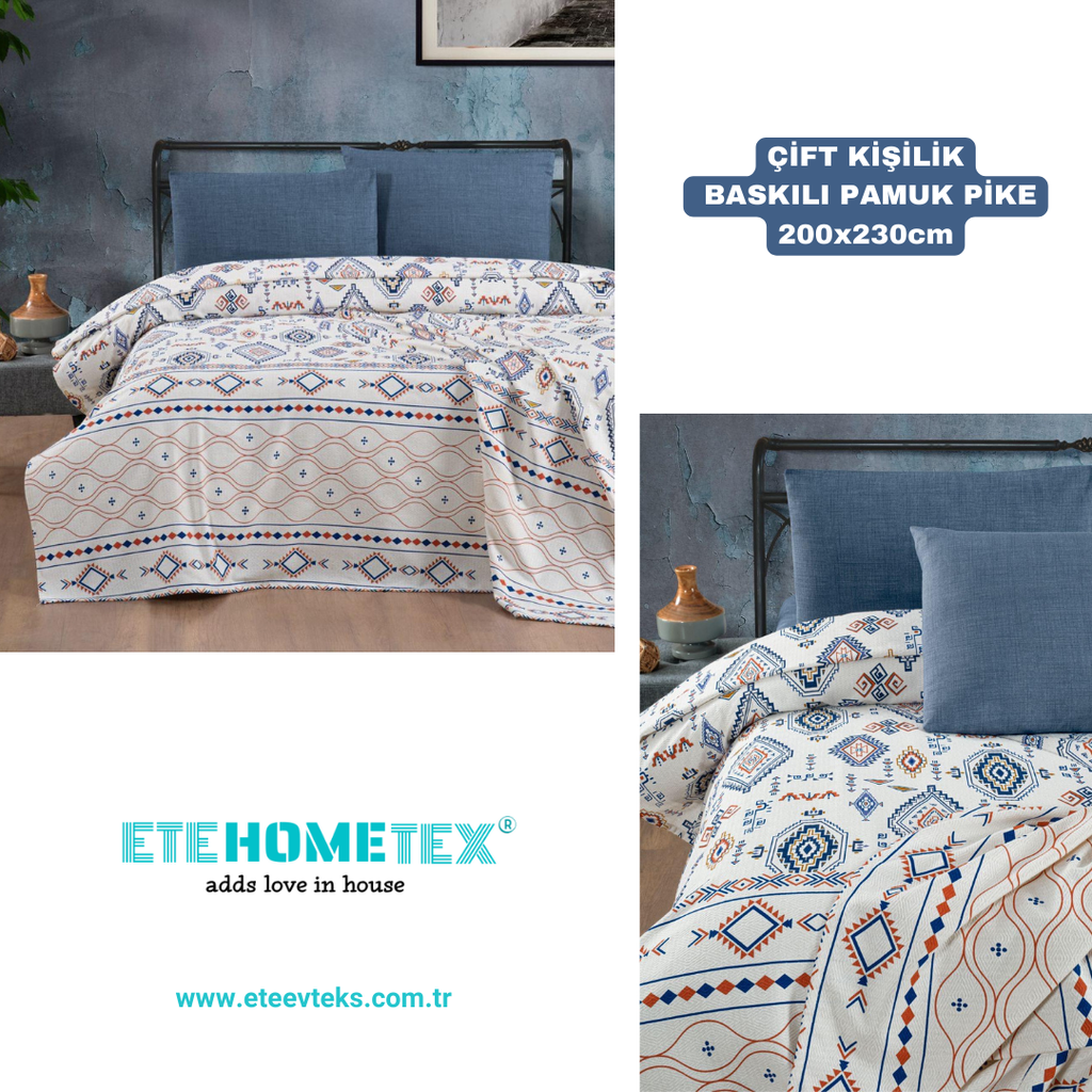 ETEHOMETEX ÇİFT KİŞİLİK BASKILI PAMUK PİKE ANATOLİA MAVİ 8696474231843