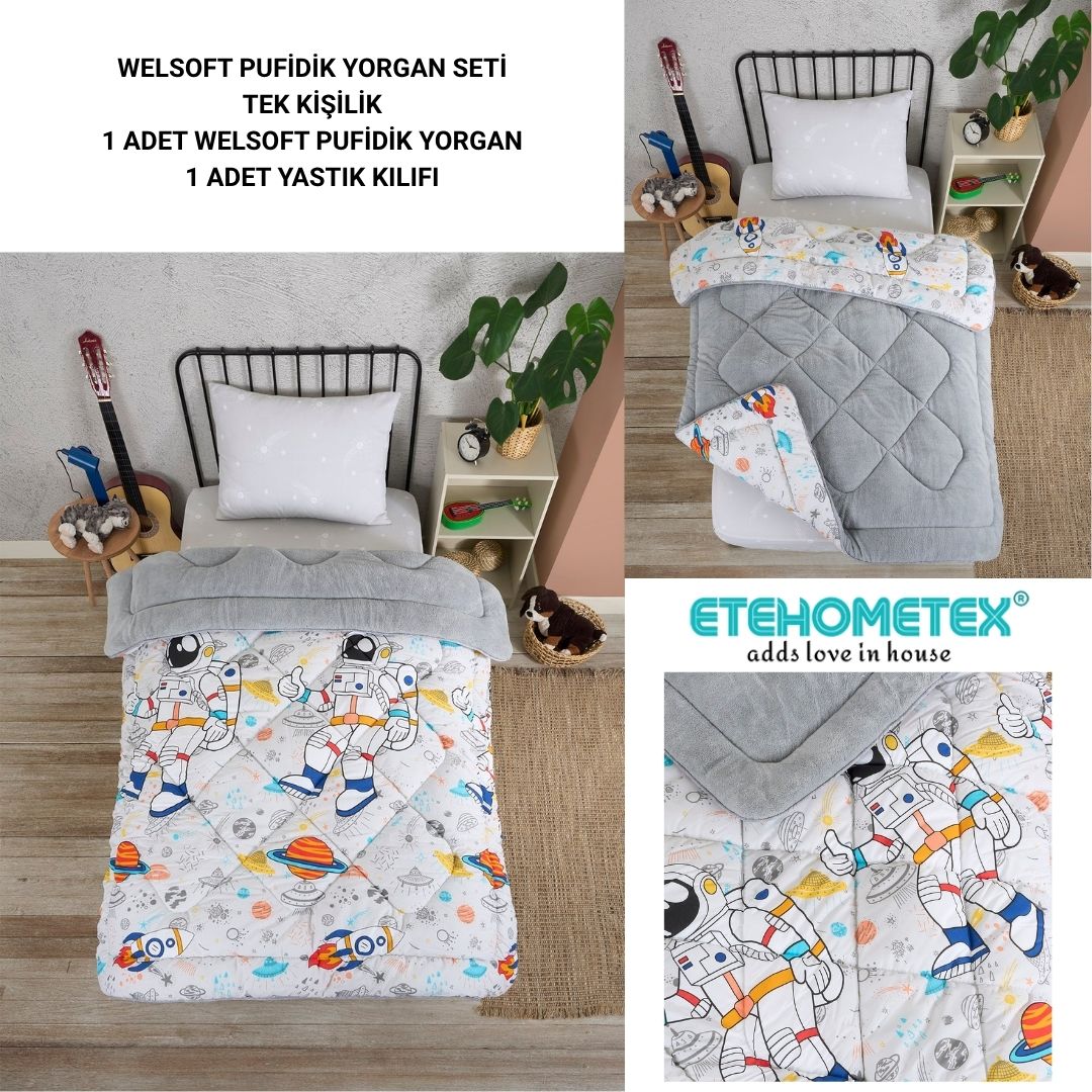 ETE HOMETEX TEK KİŞİLİK LÜX WELSOFT YORGAN SETİ ASTRONOT GRİ 155X215CM 8696474231857