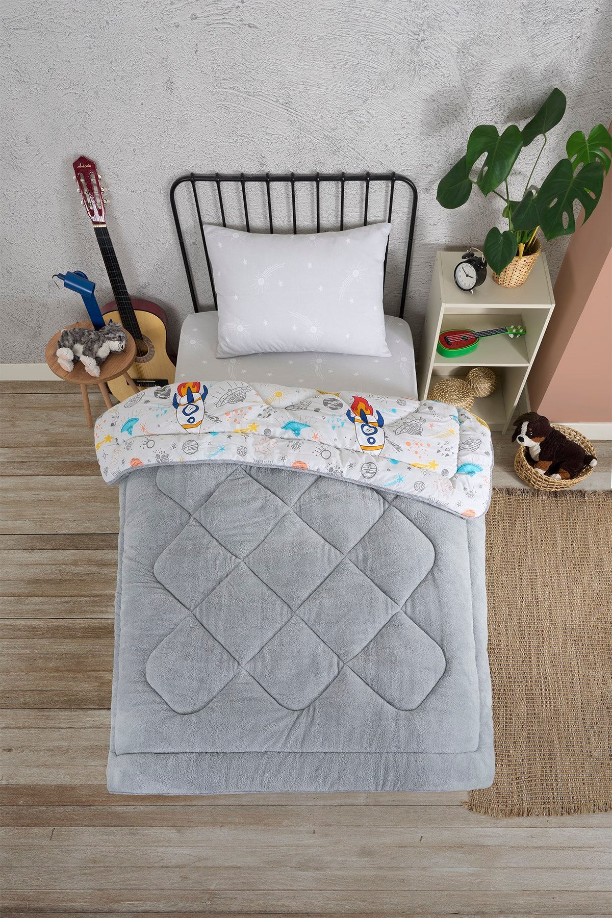ETE HOMETEX TEK KİŞİLİK LÜX WELSOFT YORGAN SETİ ASTRONOT GRİ 155X215CM 8696474231857