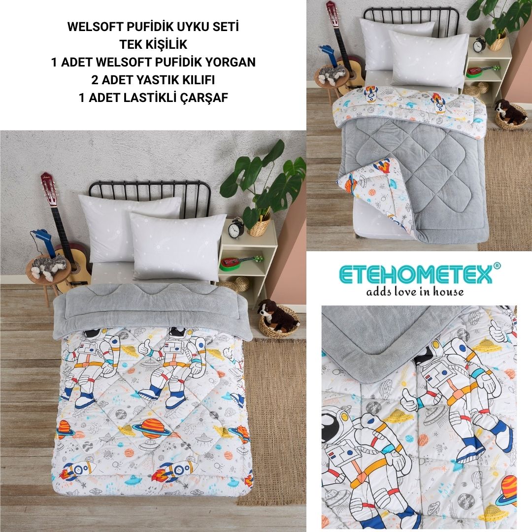 ETE HOMETEX TEK KİŞİLİK WELSOFT UYKU SETİ ASTRONOT GRİ 8696474232002