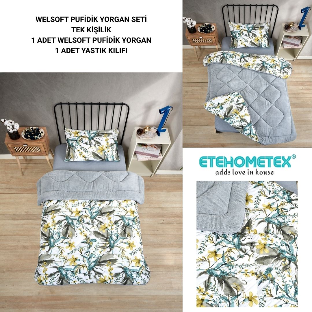 ETE HOMETEX TEK KİŞİLİK LÜX WELSOFT YORGAN SETİ ASYA GRİ 155X215CM 8696474231887