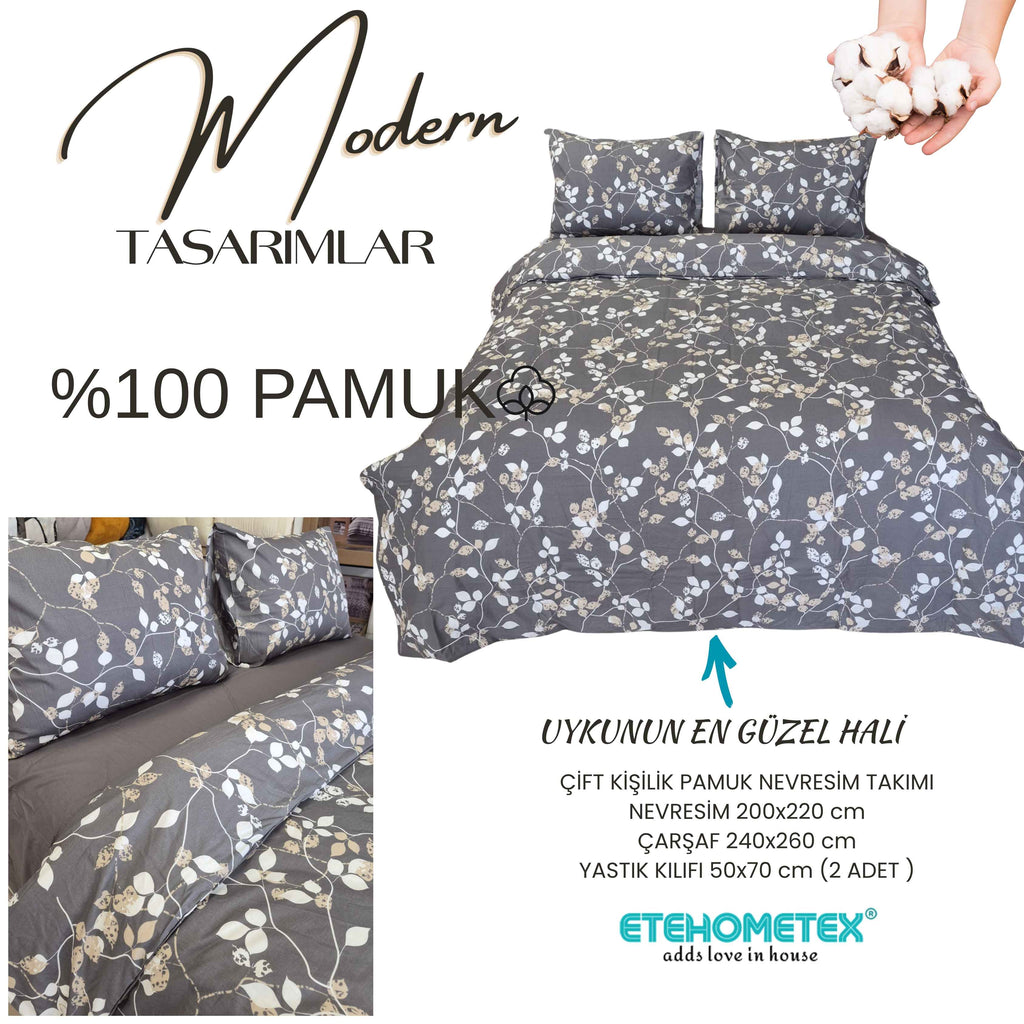 ETEHOMETEX %100 Pamuk Nevresim Takımı ÇİFT KİŞİLİK BAHAR DALI ANTRASİT 8696474232115
