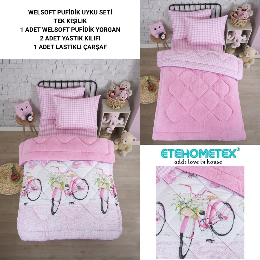 ETE HOMETEX TEK KİŞİLİK WELSOFT UYKU SETİ BİSİKLET PEMBE 8696474232004