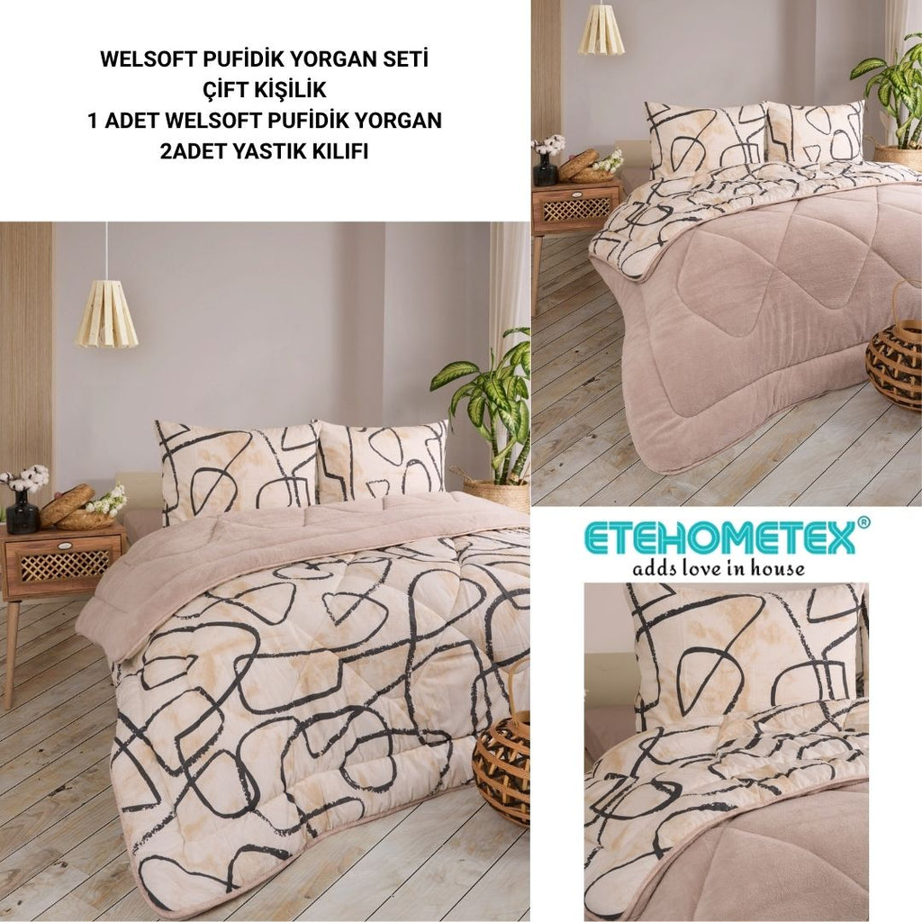 ETE HOMETEX ÇİFT KİŞİLİK LÜX WELSOFT YORGAN SETİ 195X215CM EFEKT BEJ 8696474231962