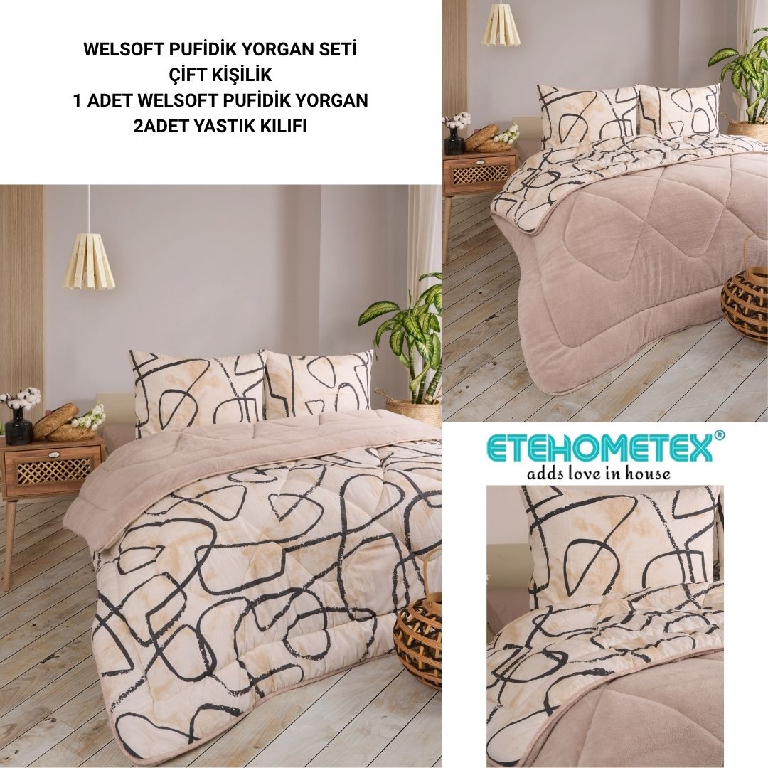 ETE HOMETEX ÇİFT KİŞİLİK LÜX WELSOFT YORGAN SETİ 195X215CM EFEKT BEJ 8696474231962
