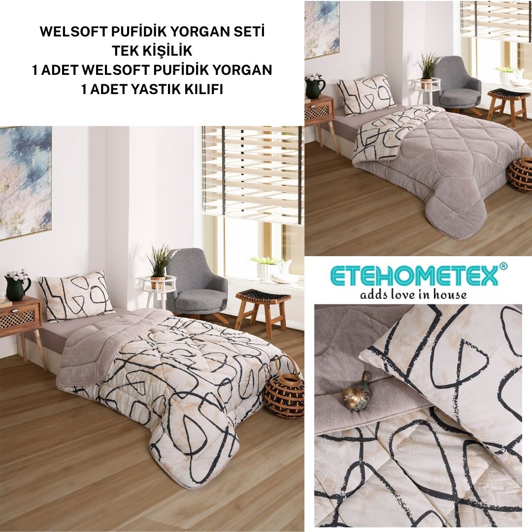 ETE HOMETEX TEK KİŞİLİK LÜX WELSOFT YORGAN SETİ EFEKT BEJ 155X215CM 8696474231964