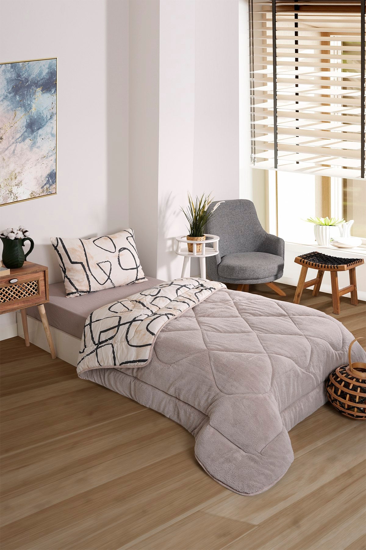 ETE HOMETEX TEK KİŞİLİK LÜX WELSOFT YORGAN SETİ EFEKT BEJ 155X215CM 8696474231964