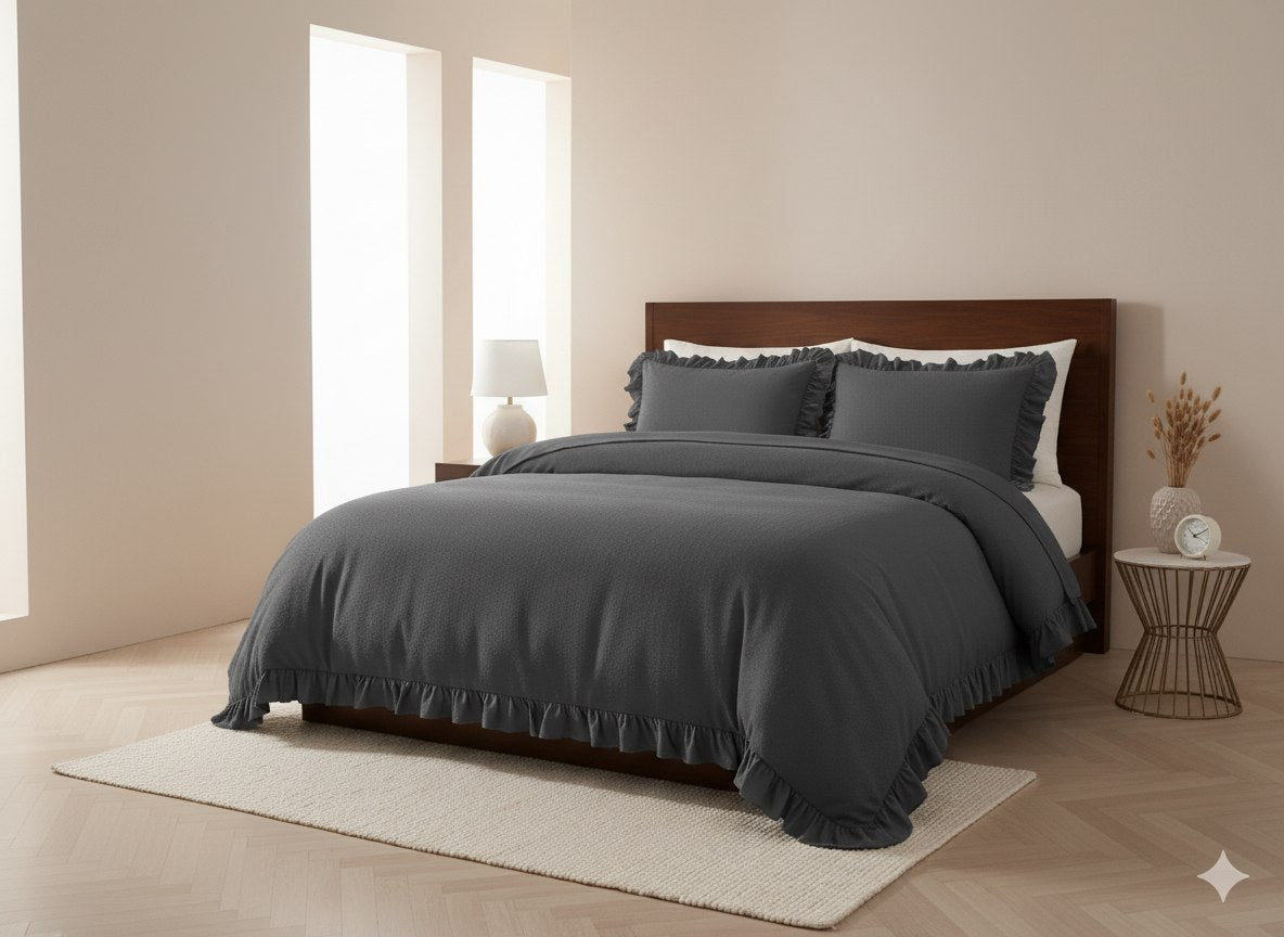 ETEHOMETEX %100 Doğal Pamuk Çift Kişilik Fırfırlı Nevresim Seti 200x220 cm ANTRASİT 8696474232031