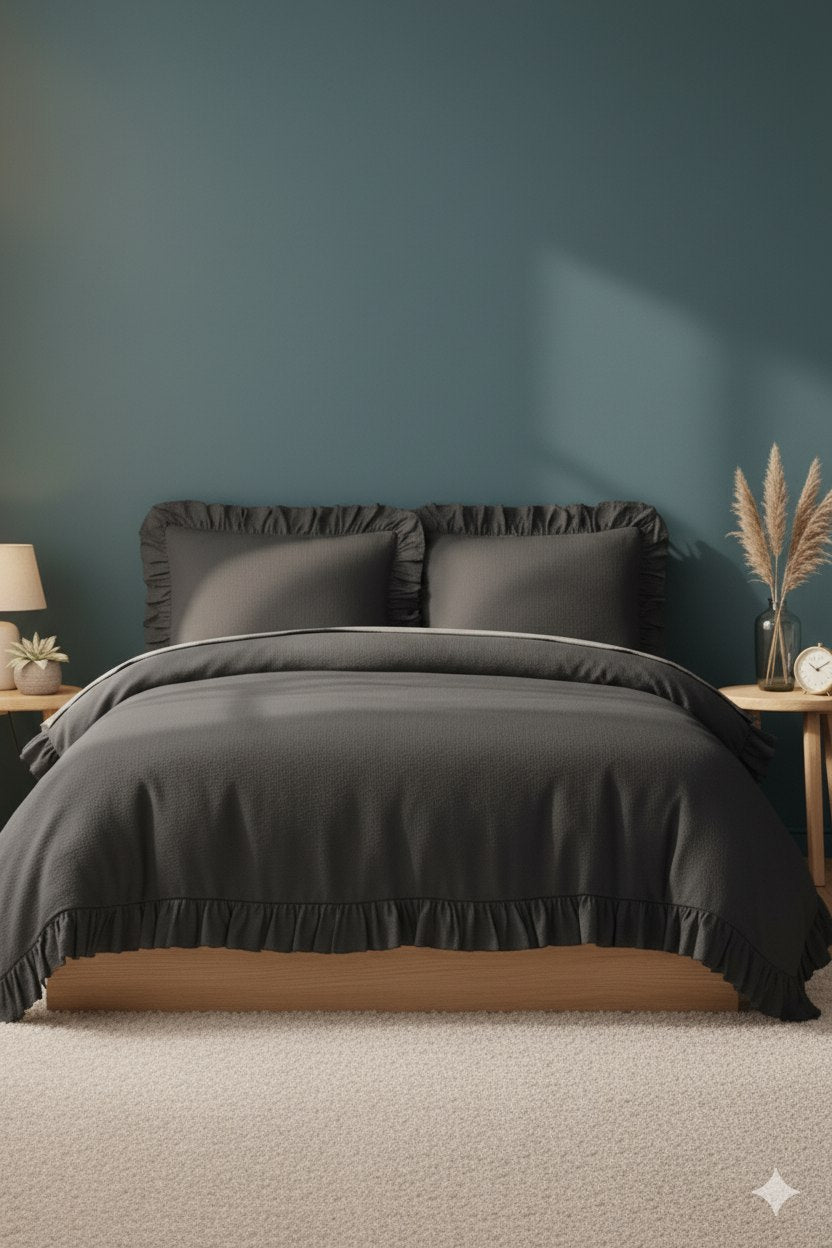 ETEHOMETEX %100 Doğal Pamuk Tek Kişilik Fırfırlı Nevresim Seti 160x220 cm ANTRASİT 8696474232065