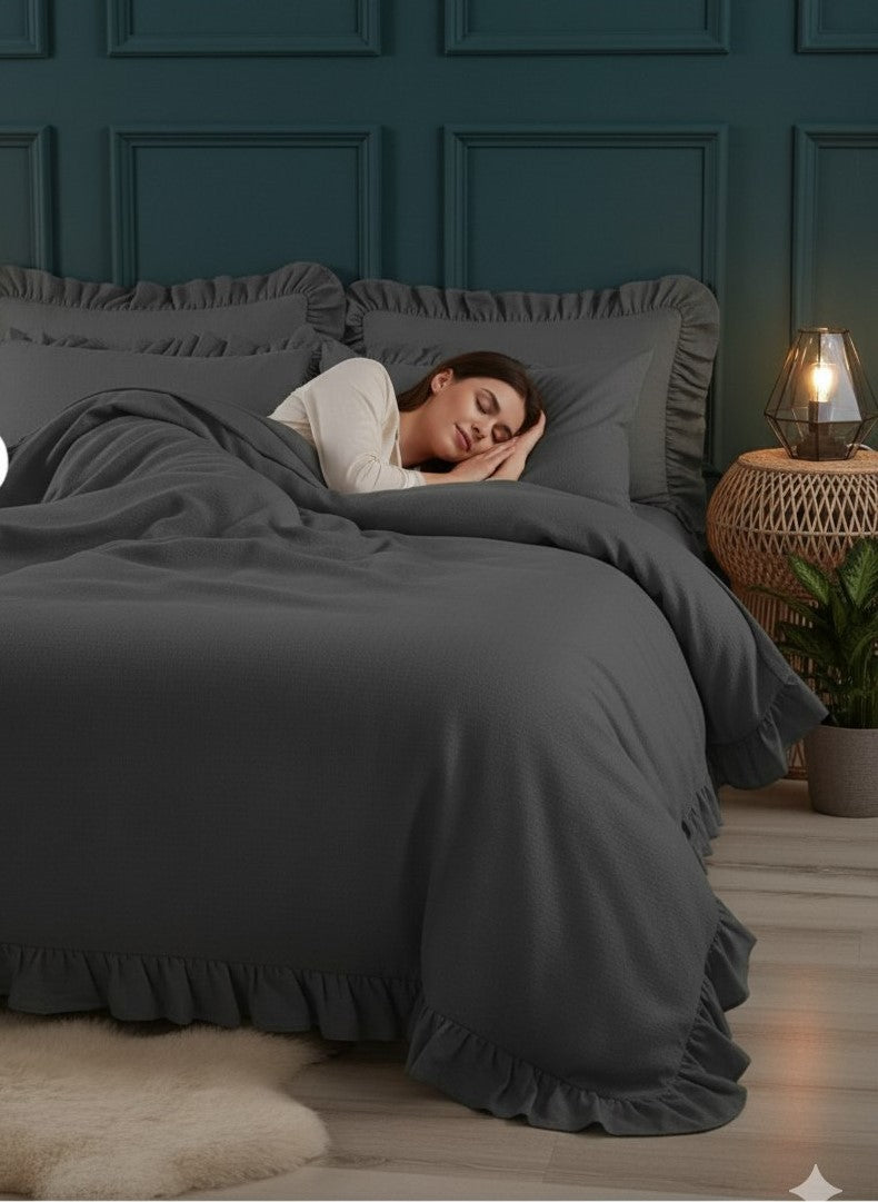 ETEHOMETEX %100 Doğal Pamuk Tek Kişilik Fırfırlı Nevresim Seti 160x220 cm ANTRASİT 8696474232065