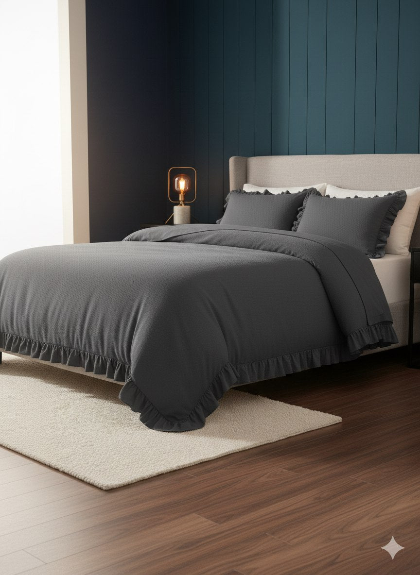 ETEHOMETEX %100 Doğal Pamuk Çift Kişilik Fırfırlı Nevresim Seti 200x220 cm ANTRASİT 8696474232031