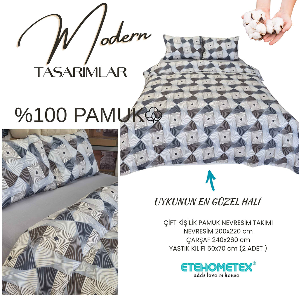 ETEHOMETEX %100 Pamuk Nevresim Takımı ÇİFT KİŞİLİK GEOMETRİK MAVİ 8696474232113