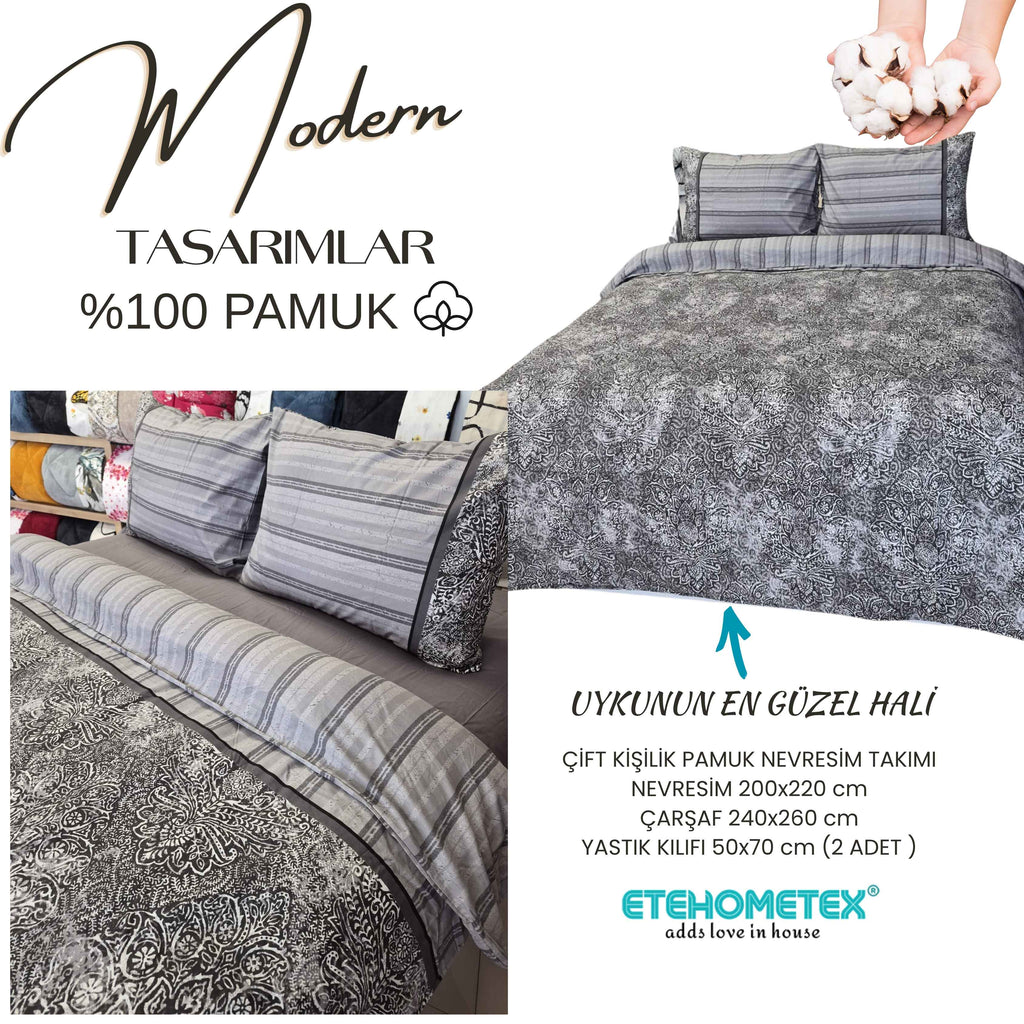 ETEHOMETEX %100 Pamuk Nevresim Takımı ÇİFT KİŞİLİK DAMASK GRİ 8696474232116