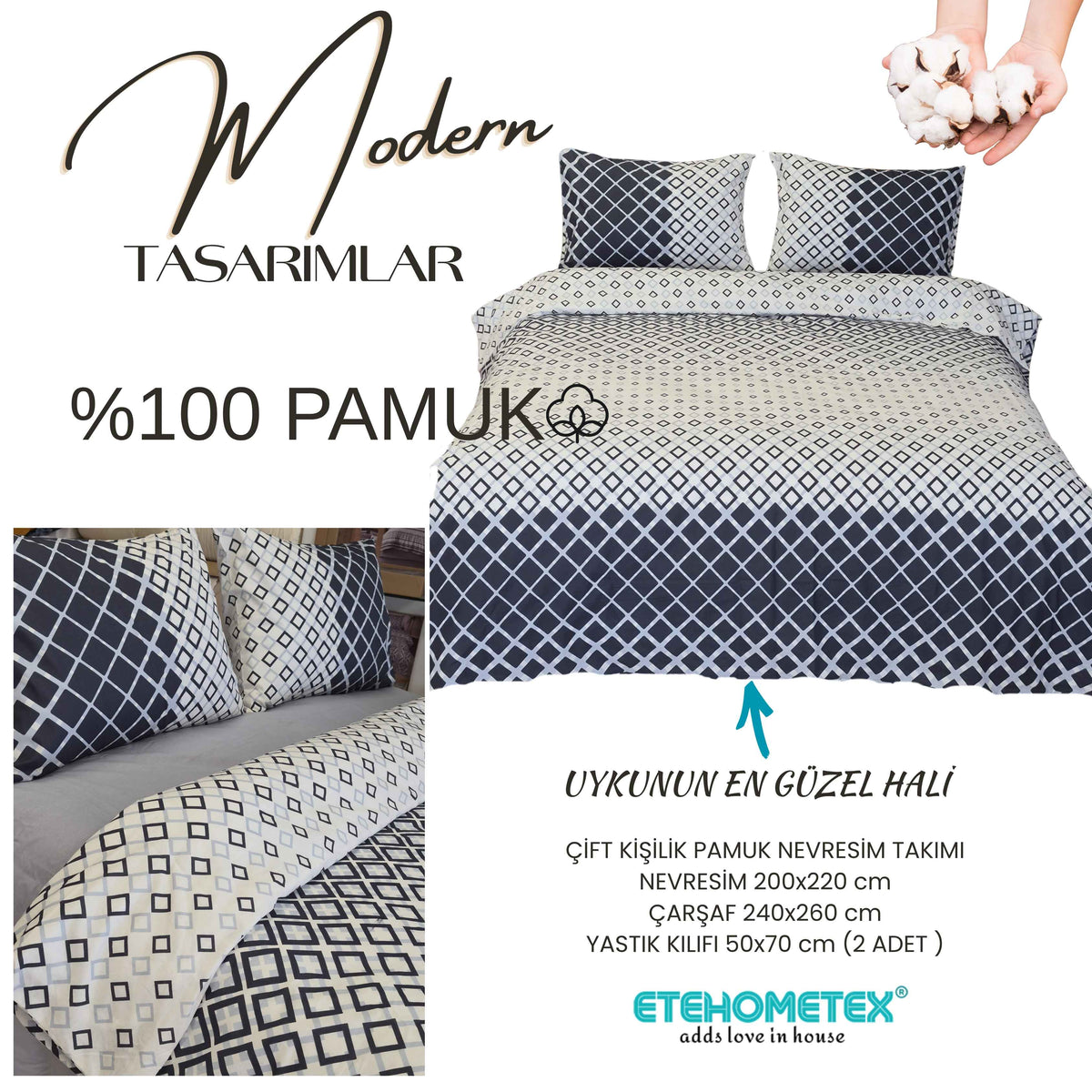 ETEHOMETEX %100 Pamuk Nevresim Takımı ÇİFT KİŞİLİK KARE LACİVERT 8696474232117