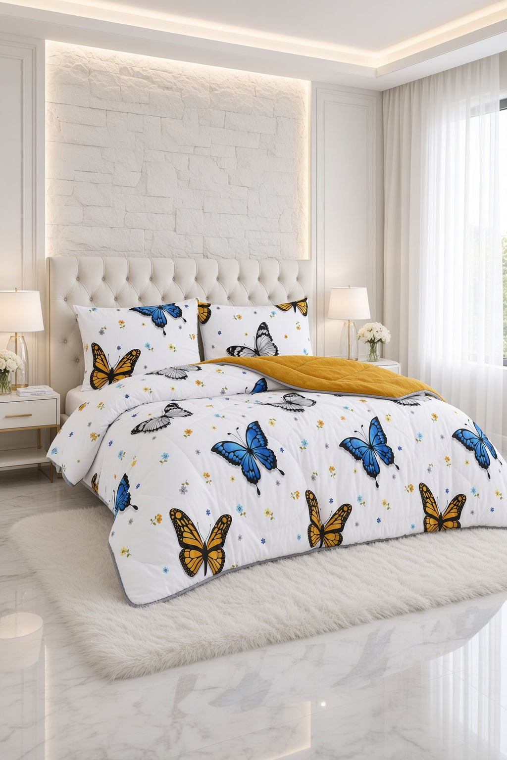 ETE HOMETEX ÇİFT KİŞİLİK LÜX WELSOFT YORGAN SETİ 195X215CM KELEBEK HARDAL 8696474232007