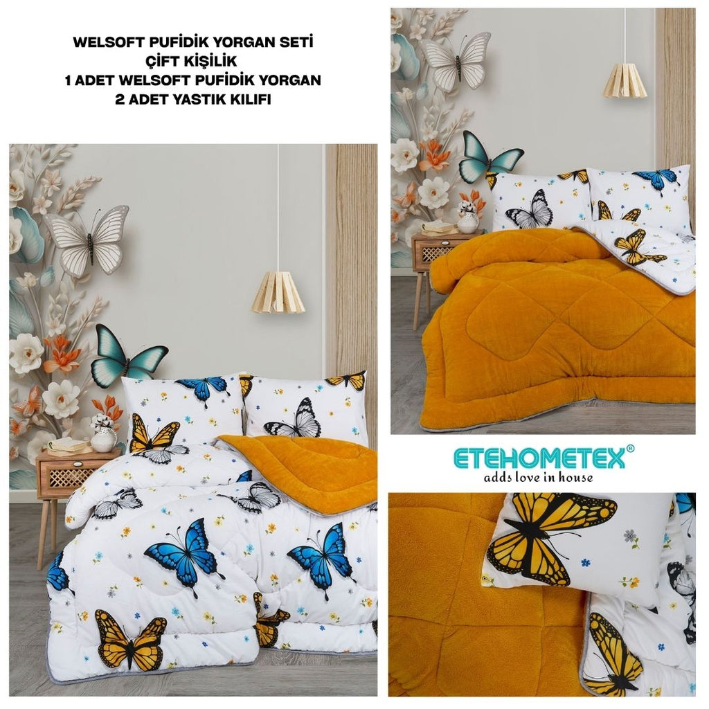 ETE HOMETEX ÇİFT KİŞİLİK LÜX WELSOFT YORGAN SETİ 195X215CM KELEBEK HARDAL 8696474232007