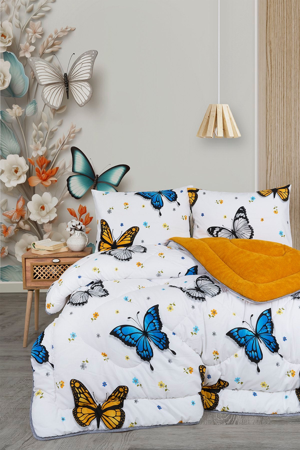 ETE HOMETEX ÇİFT KİŞİLİK LÜX WELSOFT YORGAN SETİ 195X215CM KELEBEK HARDAL 8696474232007