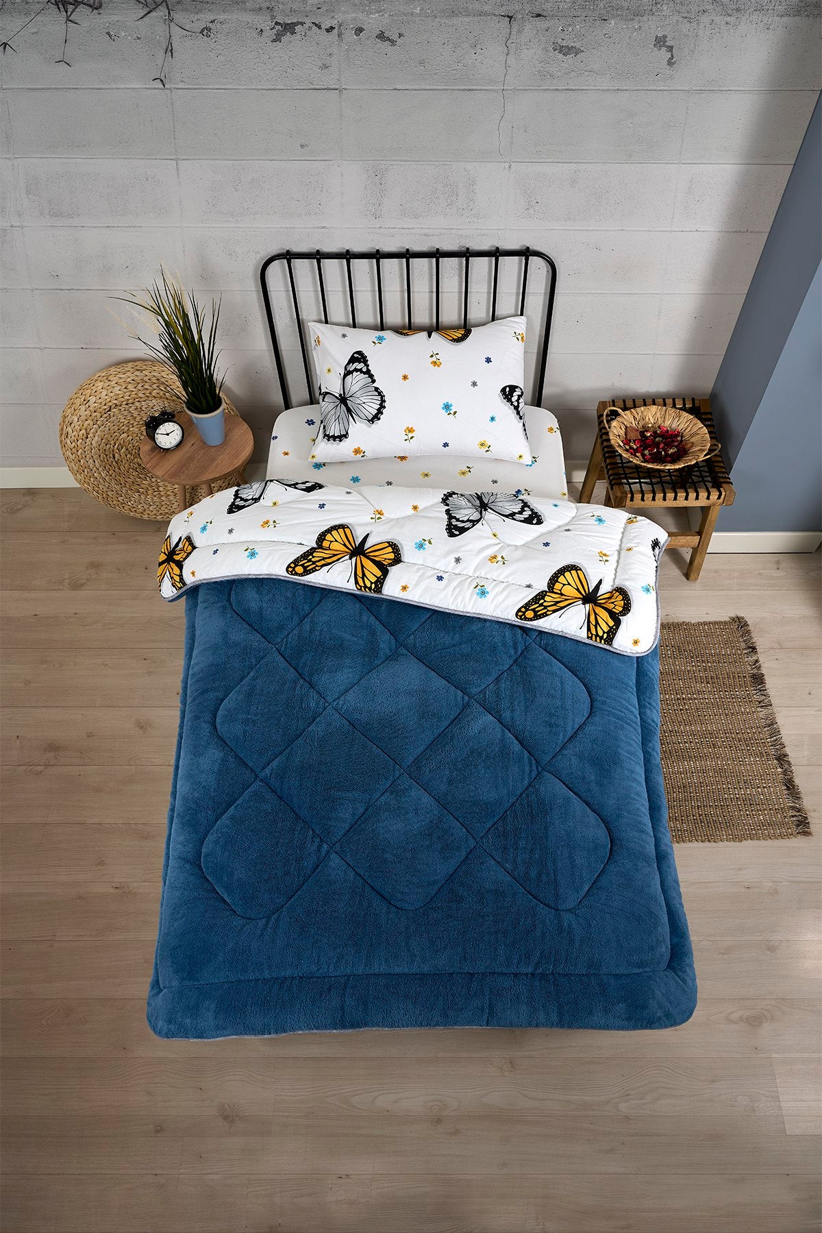 ETE HOMETEX TEK KİŞİLİK LÜX WELSOFT YORGAN SETİ KELEBEK İNDİGO 155X215CM 8696474231930
