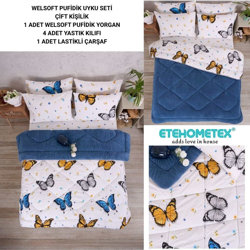 ETE HOMETEX ÇİFT KİŞİLİK WELSOFT UYKU SETİ KELEBEK İNDİGO 8696474231981