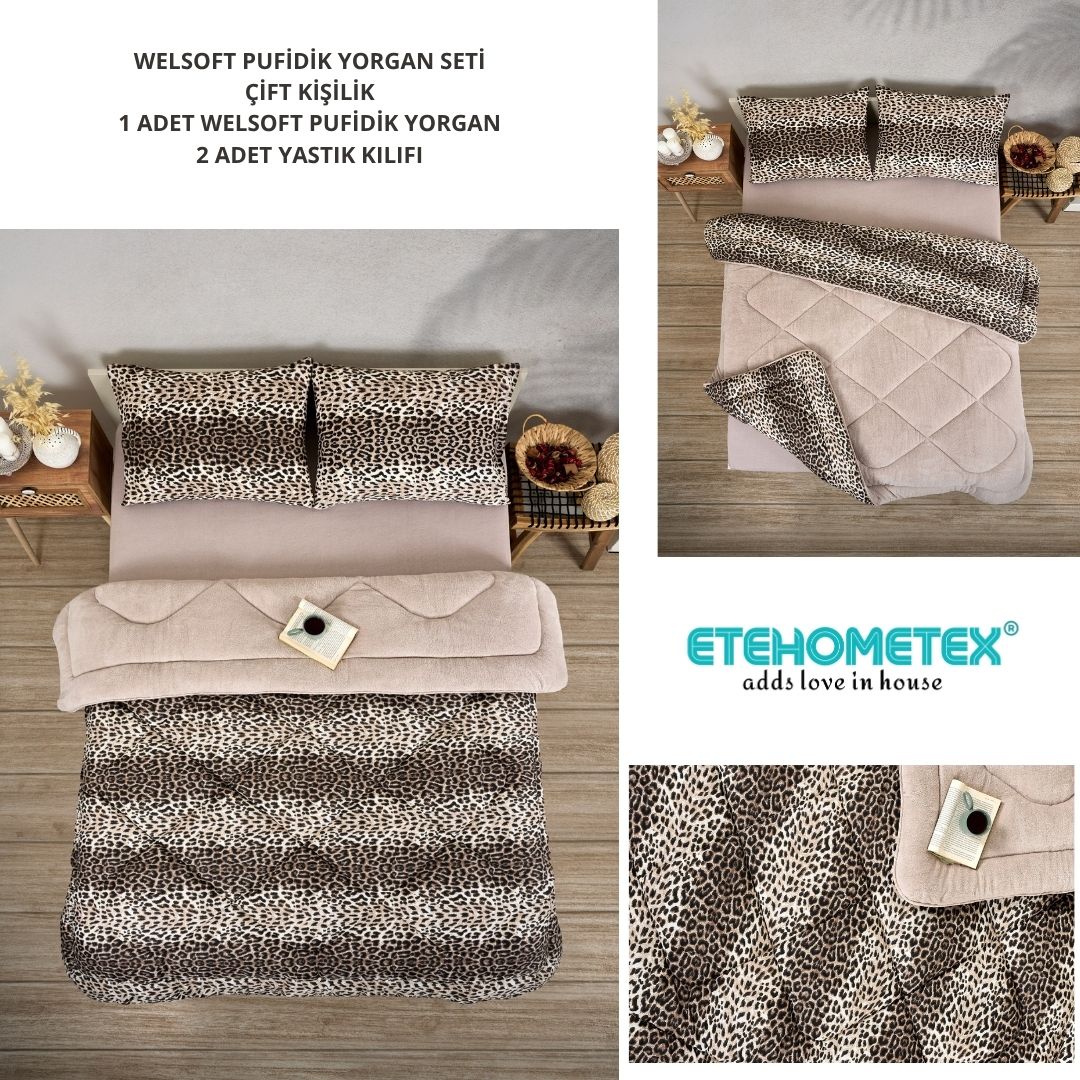 ETE HOMETEX ÇİFT KİŞİLİK LÜX WELSOFT YORGAN SETİ 195X215CM LEOPAR BEJ 8696474231945