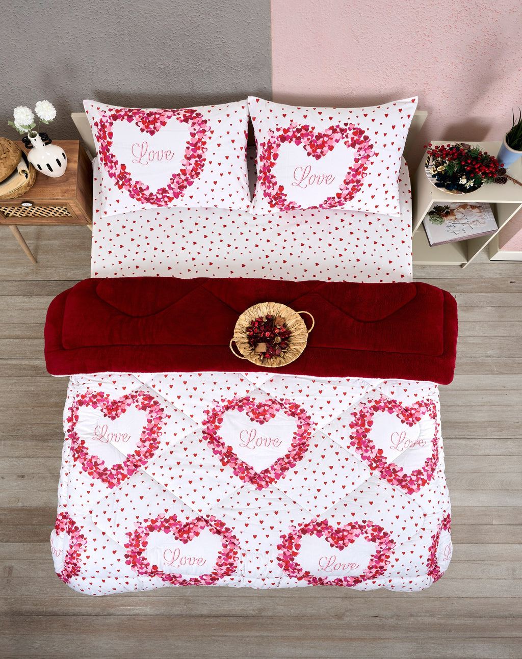 ETE HOMETEX ÇİFT KİŞİLİK LÜX WELSOFT YORGAN SETİ 195X215CM LOVE BORDO 8696474231946