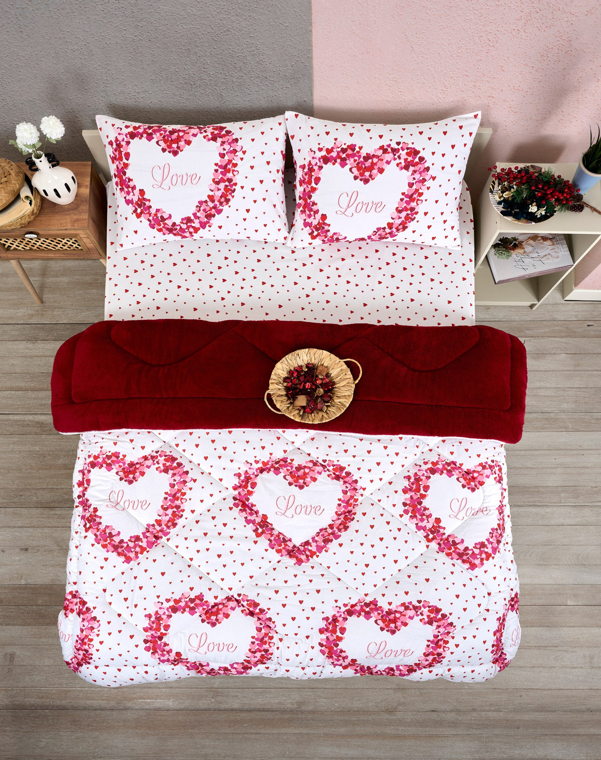 ETE HOMETEX ÇİFT KİŞİLİK LÜX WELSOFT YORGAN SETİ 195X215CM LOVE BORDO 8696474231946