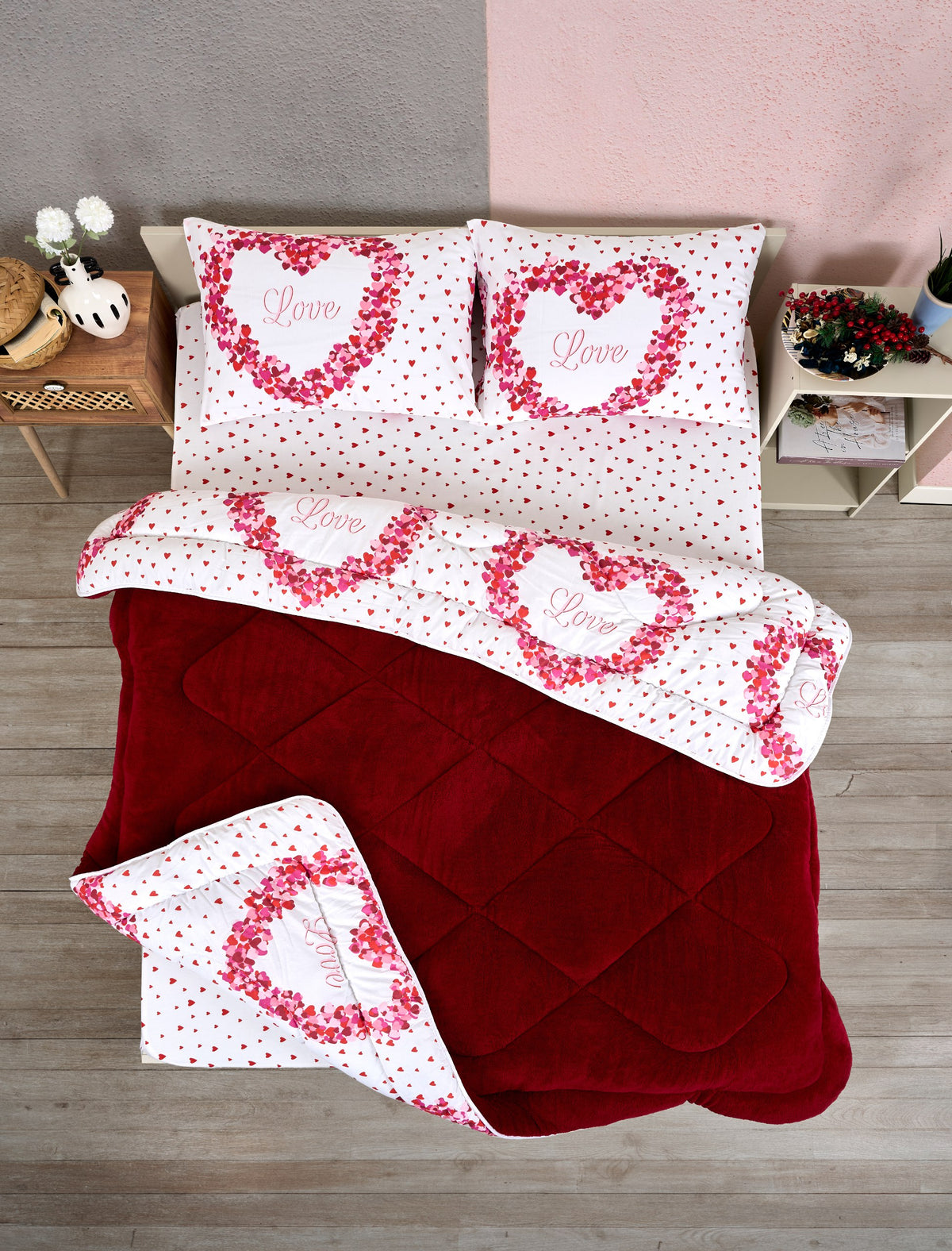 ETE HOMETEX ÇİFT KİŞİLİK LÜX WELSOFT YORGAN SETİ 195X215CM LOVE BORDO 8696474231946