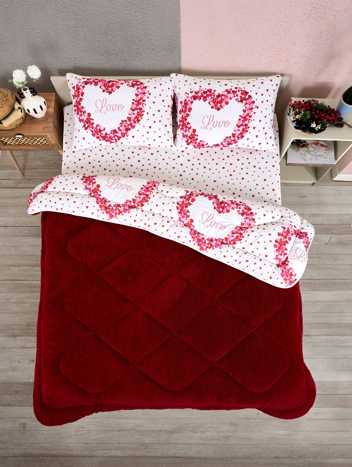 ETE HOMETEX ÇİFT KİŞİLİK LÜX WELSOFT YORGAN SETİ 195X215CM LOVE BORDO 8696474231946