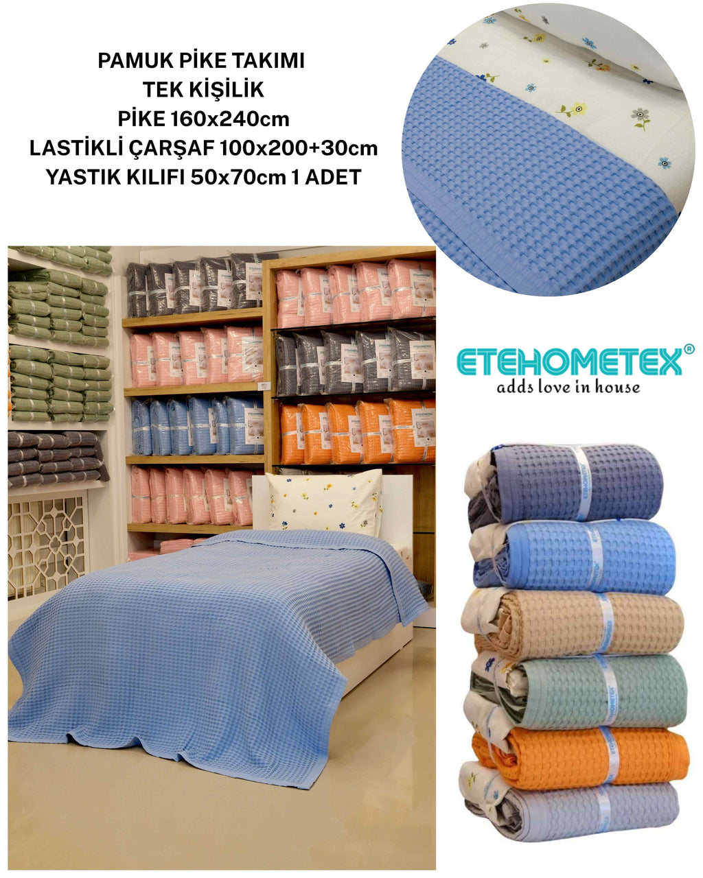 ETEHOMETEX HAVUZLU PİKE TAKIMI %100 PAMUK TEK KİŞİLİK MAVİ 8696474232087