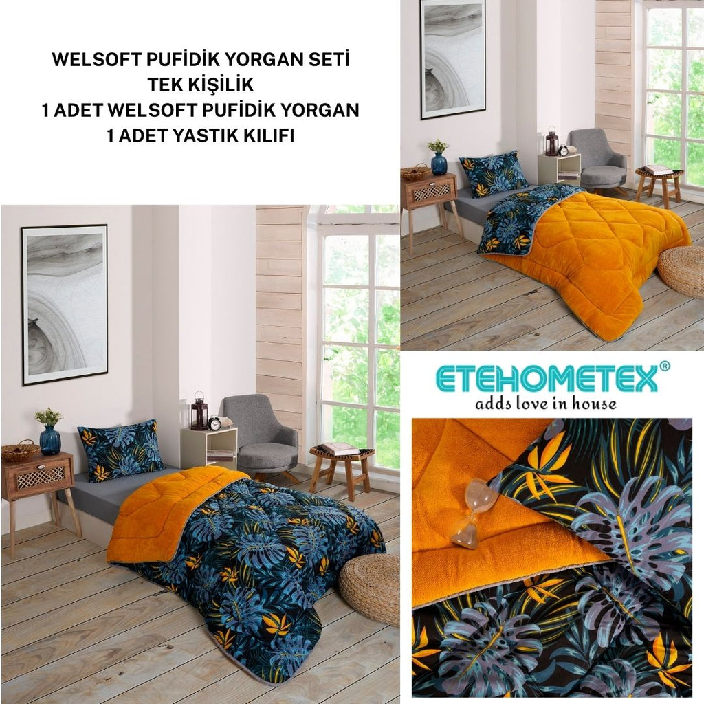 ETE HOMETEX TEK KİŞİLİK LÜX WELSOFT YORGAN SETİ MONESTERA HARDAL 155X215CM 8696474231960
