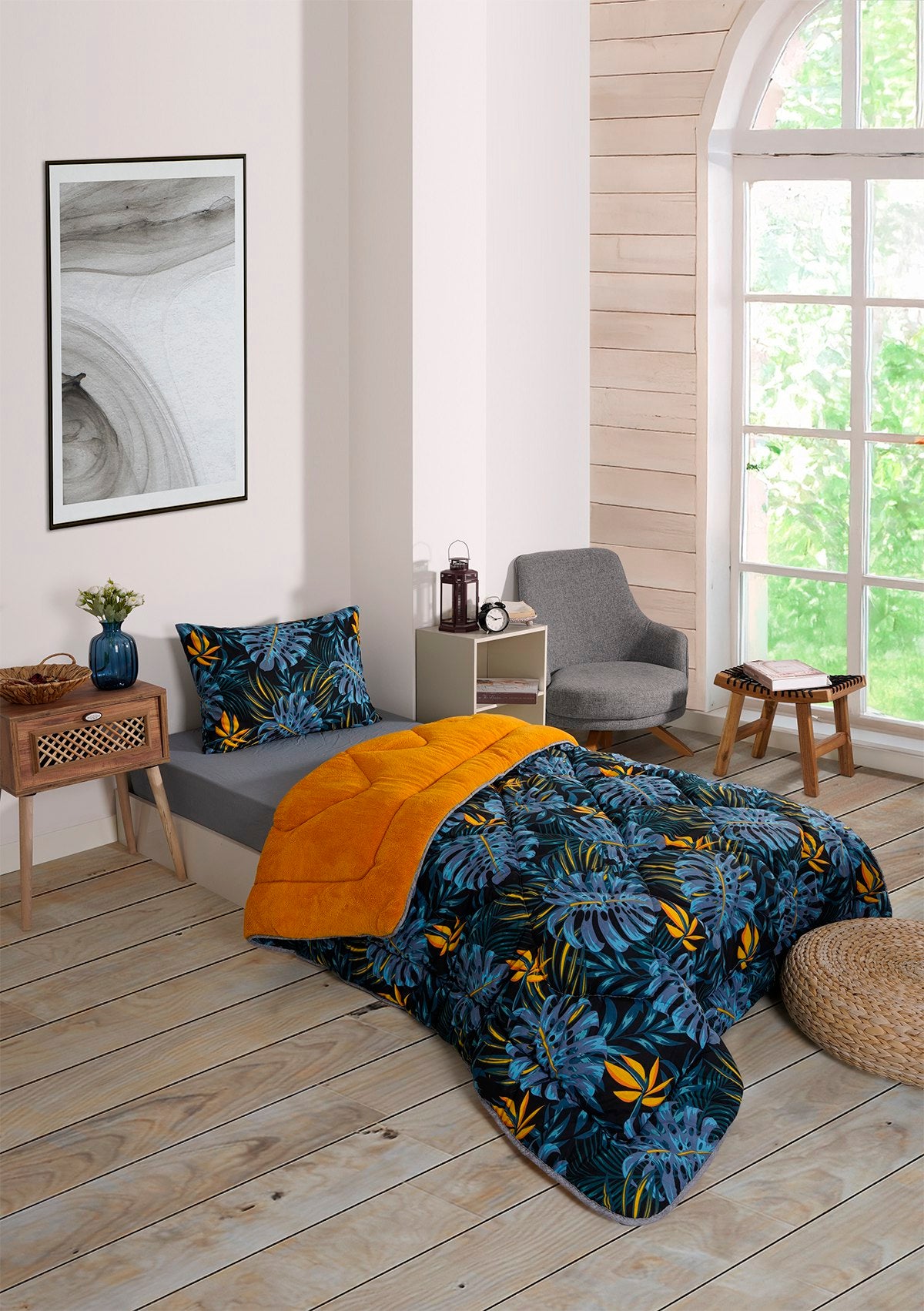ETE HOMETEX TEK KİŞİLİK LÜX WELSOFT YORGAN SETİ MONESTERA HARDAL 155X215CM 8696474231960