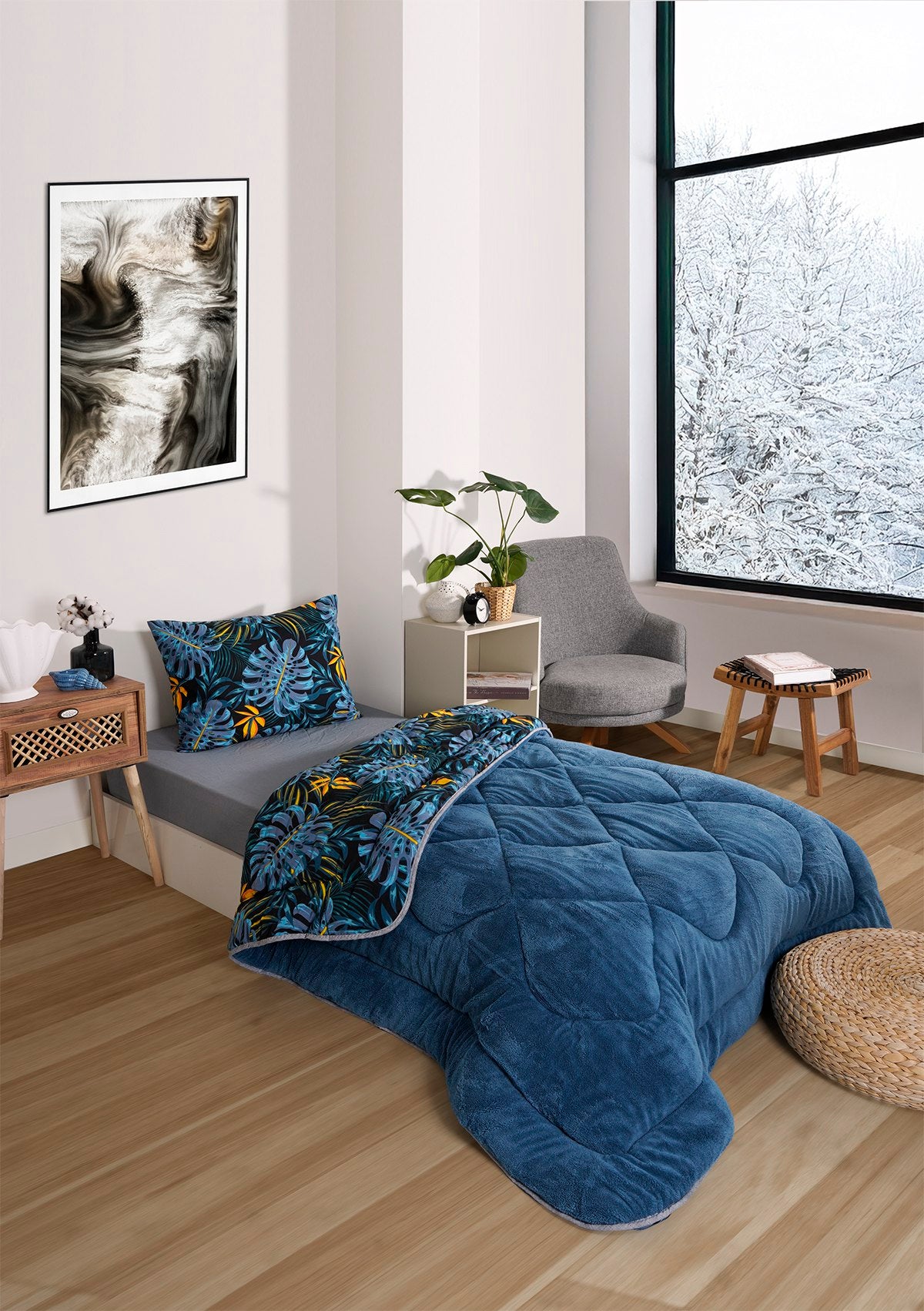 ETE HOMETEX TEK KİŞİLİK LÜX WELSOFT YORGAN SETİ MONESTERA İNDİGO 155X215CM 8696474231888