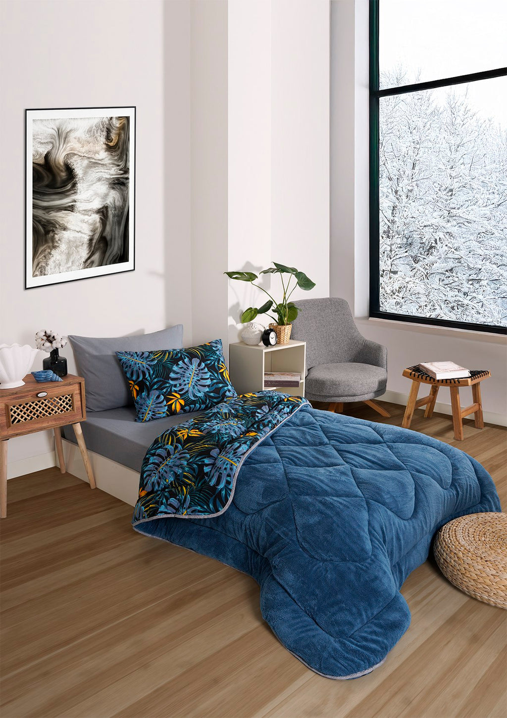 ETE HOMETEX TEK KİŞİLİK WELSOFT UYKU SETİ MONESTERA İNDİGO 8696474232016
