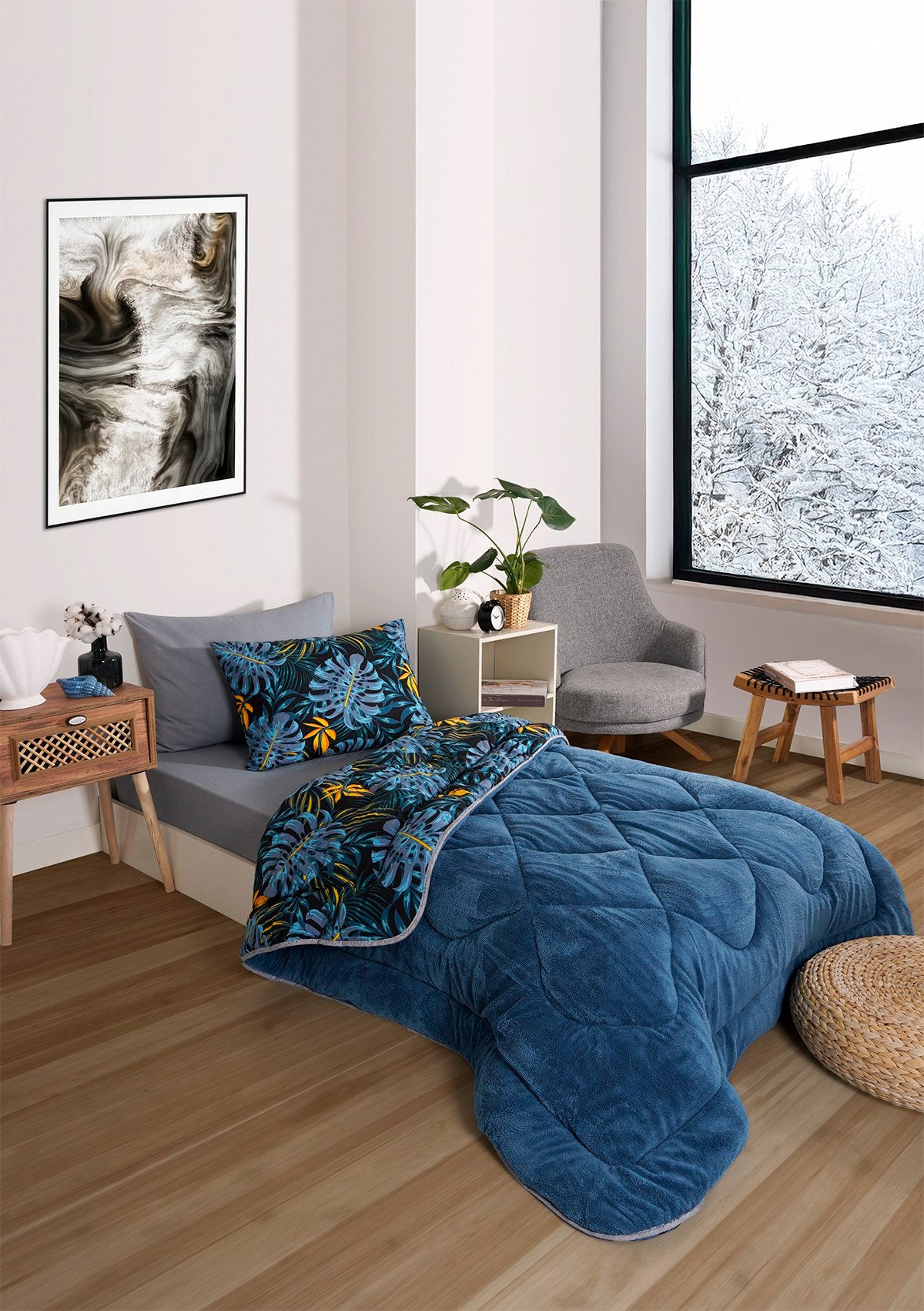 ETE HOMETEX TEK KİŞİLİK WELSOFT UYKU SETİ MONESTERA İNDİGO 8696474232016
