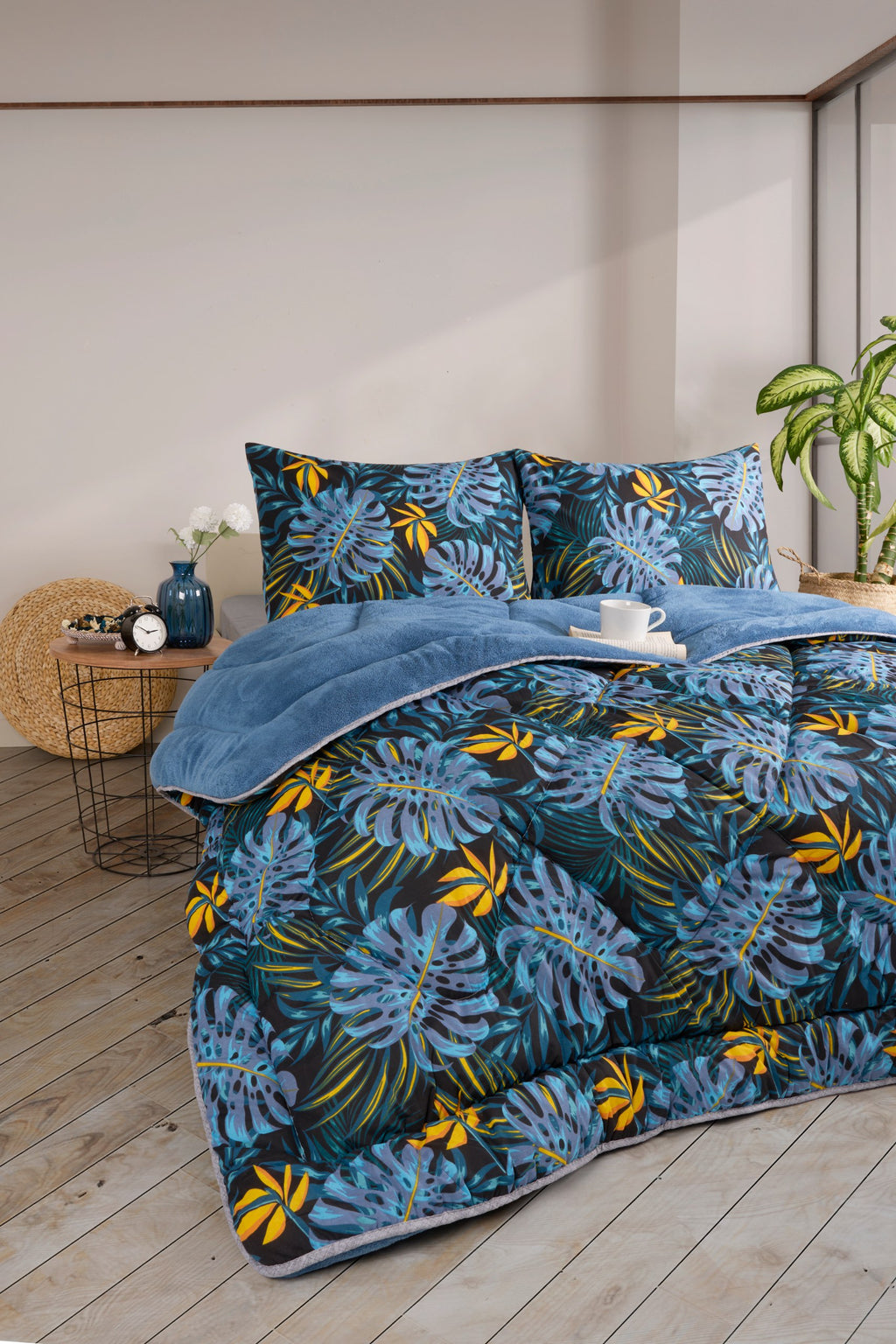 ETE HOMETEX ÇİFT KİŞİLİK LÜX WELSOFT YORGAN SETİ 195X215CM MONESTERA İNDİGO 8696474231953