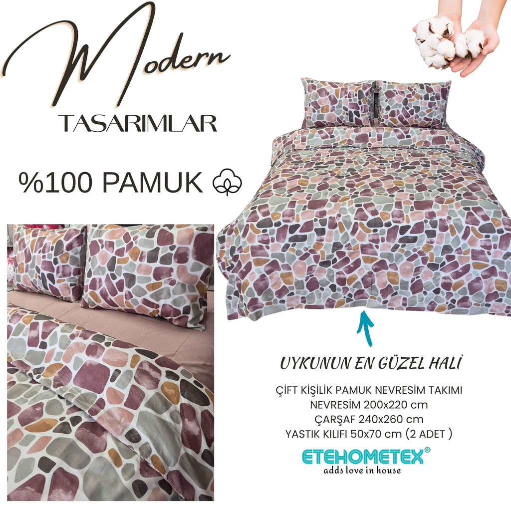 ETEHOMETEX %100 Pamuk Nevresim Takımı ÇİFT KİŞİLİK MOZAİK PUDRA 8696474232112
