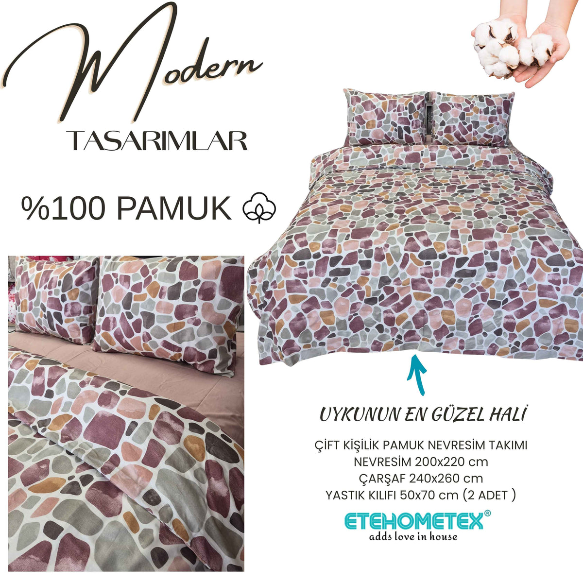 ETEHOMETEX %100 Pamuk Nevresim Takımı ÇİFT KİŞİLİK MOZAİK PUDRA 8696474232112
