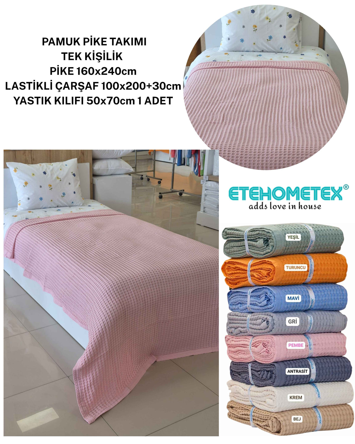 ETEHOMETEX HAVUZLU PİKE TAKIMI %100 PAMUK TEK KİŞİLİK PEMBE 8696474232108