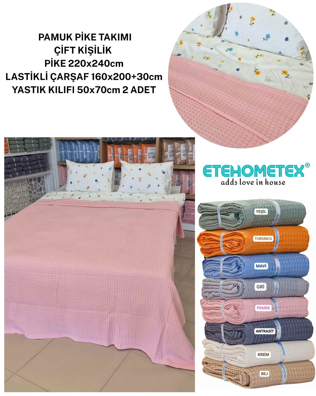 ETEHOMETEX ÇİFT KİŞİLİK %100 PAMUK HAVUZLU PİKE TAKIMI PEMBE 8696474232100