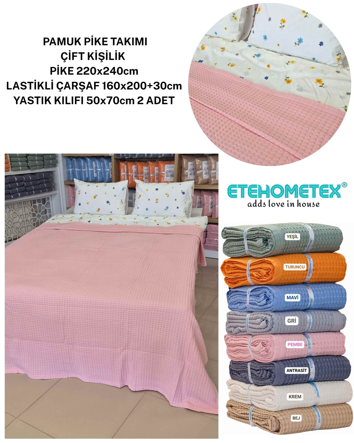 ETEHOMETEX ÇİFT KİŞİLİK %100 PAMUK HAVUZLU PİKE TAKIMI PEMBE 8696474232100